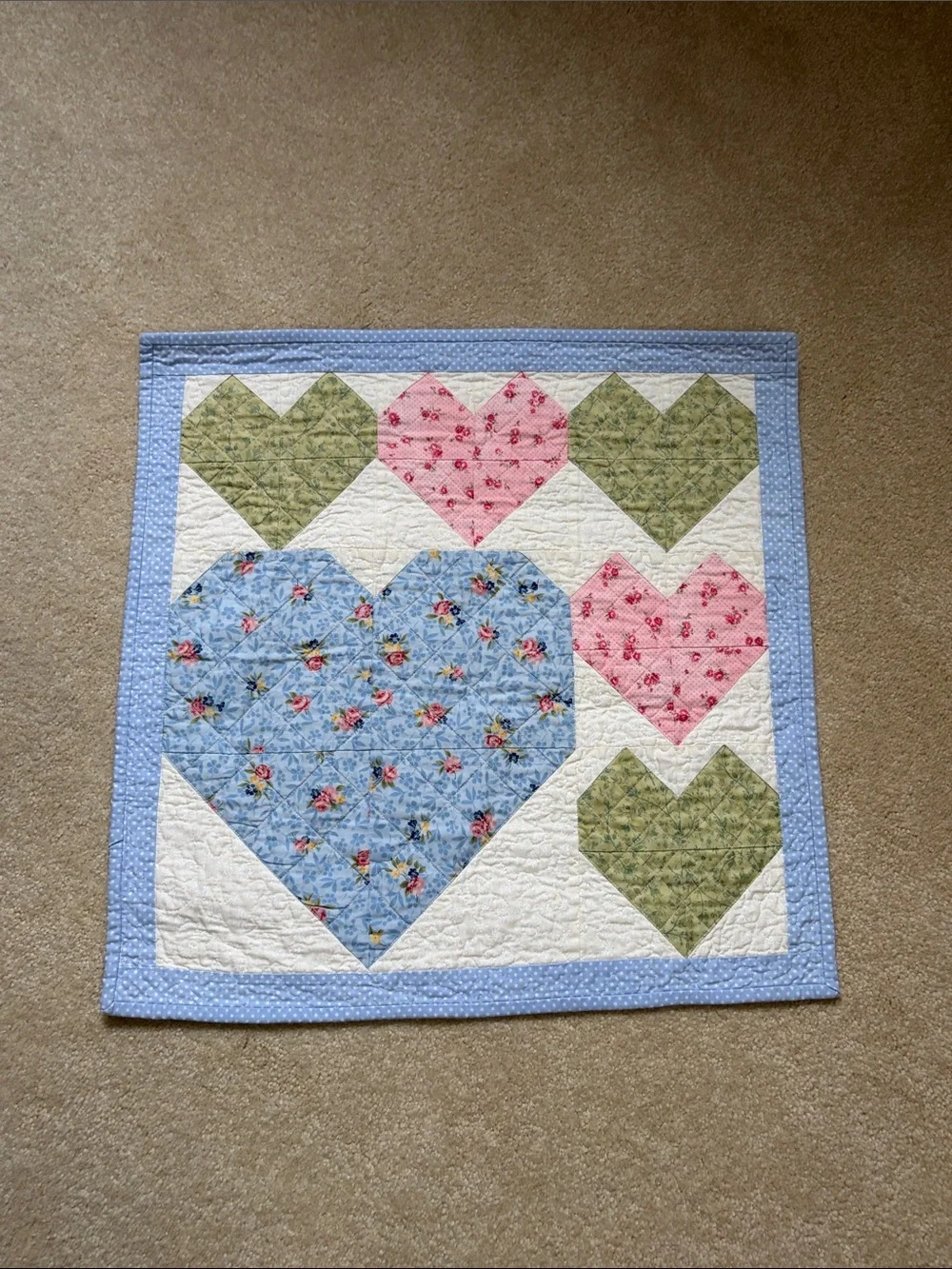 Handmade Heart Patchwork Quilt in Blue, Pink & Green